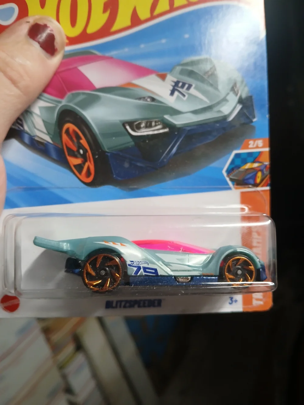 Hot Wheels Blitzspeeder in light aqua/steel blue with a pink windshield and the